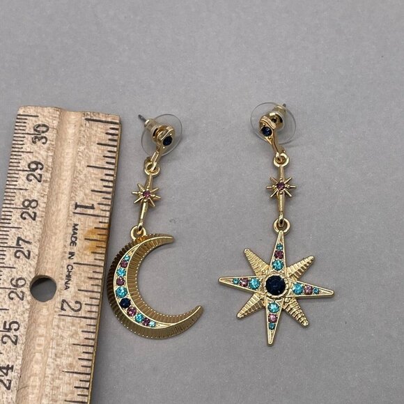 Moon & Star Multicolor Rhinestone Long Dangle Drop Earrings Gold Tone - Picture 7 of 7